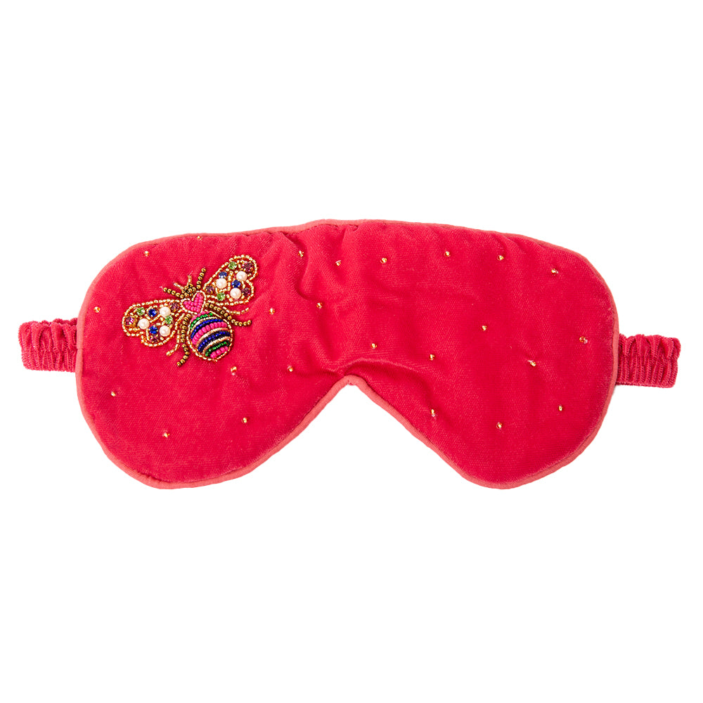 My Doris Eye Mask in pink love bug with beautiful beaded embroidery on the front in the shape of a bee 