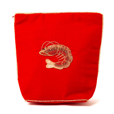 The Prawn My Doris Makeup Bag featuring a beautiful beaded design on the front